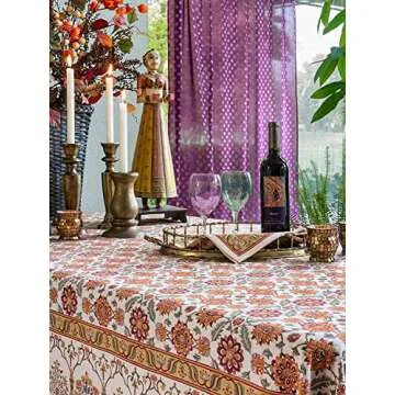 Saffron Marigold Rectangle Hand Block Printed Tablecloth - Orange Blossom Luxurious 100% Cotton, Washable, for Home Decor, Kitchen, Coffee Or Dining Table 70 x 90 Inches