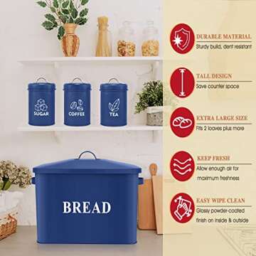 Navy Blue Bread Box with Canister Sets for Kitchen Countertop, E-far Metal Storage Container Holder for Farmhouse Decor, Vintage Style & Extra Large - Holds 2+ Loaves Sugar Coffee Tea