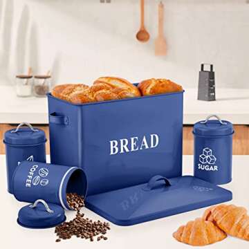 Navy Blue Bread Box with Canister Sets for Kitchen Countertop, E-far Metal Storage Container Holder for Farmhouse Decor, Vintage Style & Extra Large - Holds 2+ Loaves Sugar Coffee Tea