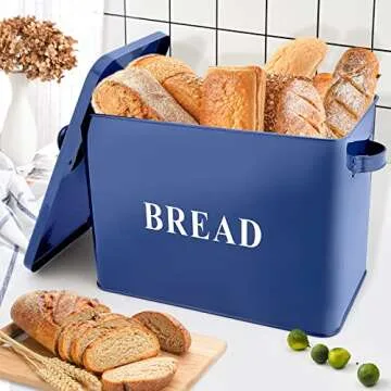 Navy Blue Bread Box with Canister Sets for Kitchen Countertop, E-far Metal Storage Container Holder for Farmhouse Decor, Vintage Style & Extra Large - Holds 2+ Loaves Sugar Coffee Tea