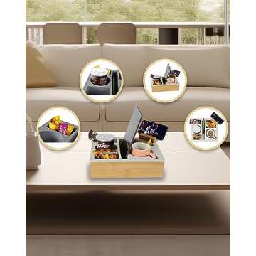 Hitseon Couch Cup Holder Tray, Handy Silicone Bamboo Couch Caddy with Rotatable Phone Holder for Bed Car Seat Organizer, Waterproof Anti-spill Sofa Cup Holder for Snacks Beverage Remote (Gray)