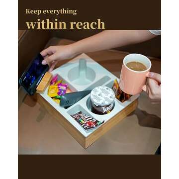 Hitseon Couch Cup Holder Tray, Handy Silicone Bamboo Couch Caddy with Rotatable Phone Holder for Bed Car Seat Organizer, Waterproof Anti-spill Sofa Cup Holder for Snacks Beverage Remote (Gray)