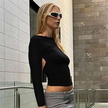 Backless Tops for Women Sexy - Casual Y2K Crop Shirts Long Sleeve Crewneck Slim Fit Cut Out Tees Bla...