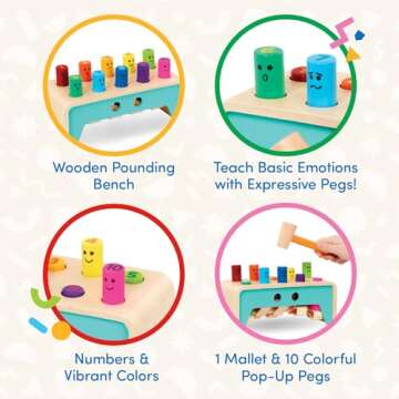Battat – Wooden Hammer Toy For Kids, Toddlers – Pounding Bench With Pegs And Mallet – Colorful Developmental Toy – Pound & Count Bench – 1 Year + – Pound & Count Bench