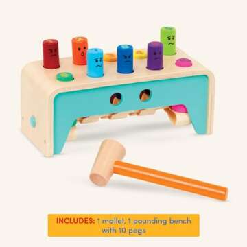 Battat – Wooden Hammer Toy For Kids, Toddlers – Pounding Bench With Pegs And Mallet – Colorful Developmental Toy – Pound & Count Bench – 1 Year + – Pound & Count Bench