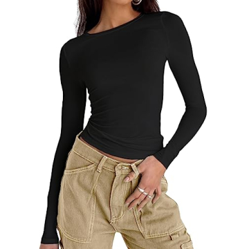 Abardsion Women's Casual Basic Going Out Crop Tops Slim Fit Long Sleeve Crew Neck Tight T Shirts (Bl...