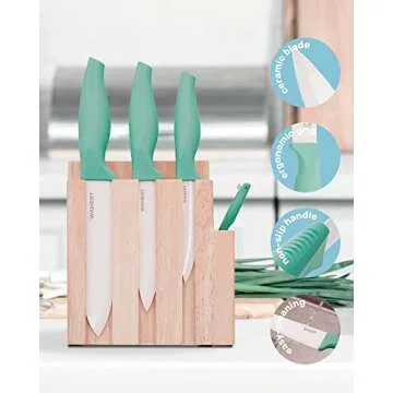 Wamery Ceramic Knife Set with Block - Chef Knife, Utility Knife, Paring Knife Rust Proof Sharp Turquoise Kitchen Knife Set with Wood Block and Fruit Peeler