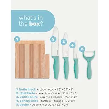 Wamery Ceramic Knife Set with Block - Chef Knife, Utility Knife, Paring Knife Rust Proof Sharp Turquoise Kitchen Knife Set with Wood Block and Fruit Peeler