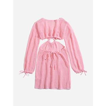 MakeMeChic Women's Crochet Cover Up Long Sleeve Knitted Swim Beach Cover Up Dress Swimwear Pink S