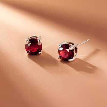 Amazon Essentials Sterling Silver Round Created Ruby Birthstone Stud Earrings (July) (previously Amazon Collection)