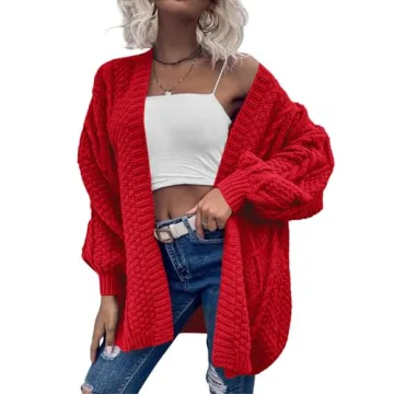 Dyexces Womens Oversized Cardigan Sweaters Open Front Cable Knit Lantern Long Sleeve Chunky Outwear Coats Red