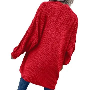Dyexces Womens Oversized Cardigan Sweaters Open Front Cable Knit Lantern Long Sleeve Chunky Outwear Coats Red