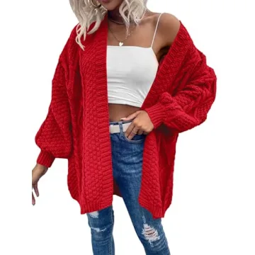 Dyexces Womens Oversized Cardigan Sweaters Open Front Cable Knit Lantern Long Sleeve Chunky Outwear Coats Red