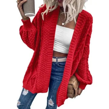 Dyexces Womens Oversized Cardigan Sweaters Open Front Cable Knit Lantern Long Sleeve Chunky Outwear Coats Red
