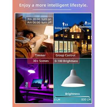 WIFI Smart LED Light Bulb - Color Changing Bulbs App Control, 2.4Ghz Bluetooth Smart Light Bulbs Music Sync, Magic RGB Light Bulb Work with Alexa and Google Assistant, E26 LED Light Bulb, 4 Pack