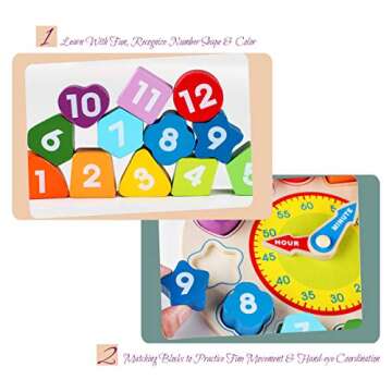 Time Clock Toy for Kids Wooden Time Learning Shape Sorting Color Game Montessori Early Education Mat...