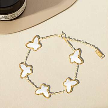 MINTER 3 Pcs Butterfly Jewelry Set, 18K Gold-Plated Choker Necklace Earrings Bracelet Set for Women Ladies Gift Dainty Chain Pendant Cute Drop Dangle Hoop Earrings(White Butterfly)