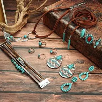 Florideco Western Jewelry for Women Bohemian Turquoise Jewelry Set Turquoise Faux Leather Cuff Brace...