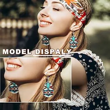 Florideco Western Jewelry for Women Bohemian Turquoise Jewelry Set Turquoise Faux Leather Cuff Bracelet Turquoise Pendant Choker Necklace Turquoise Hoop Dangle Earrings Turquoise Joint Knuckle Rings