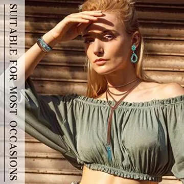 Florideco Western Jewelry for Women Bohemian Turquoise Jewelry Set Turquoise Faux Leather Cuff Bracelet Turquoise Pendant Choker Necklace Turquoise Hoop Dangle Earrings Turquoise Joint Knuckle Rings