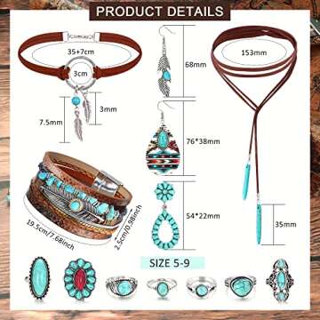 Florideco Western Jewelry for Women Bohemian Turquoise Jewelry Set Turquoise Faux Leather Cuff Bracelet Turquoise Pendant Choker Necklace Turquoise Hoop Dangle Earrings Turquoise Joint Knuckle Rings