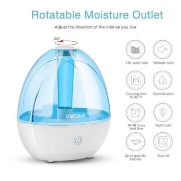 UCAREAIR Ultrasonic Cool Mist Humidifiers for Bedroom,2L Humidifiers for Home, 28dB Whisper-Quiet Air Humidifiers for Baby Nursery, 360°Rotation Nozzle, Up to 30 Hours, Auto Shut-Off, Night Light