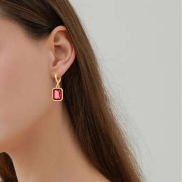 18K Gold Plated Hoop Earrings for Women Huggie Earring Lightweight Birthstone Earrings Hypoallergenic Polygonal Crystal Dangle Drop Earrings Jewelry Gifts for Women (Red Earring)