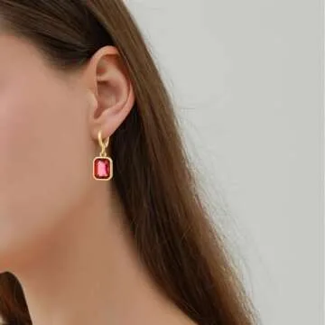 18K Gold Plated Hoop Earrings for Women Huggie Earring Lightweight Birthstone Earrings Hypoallergenic Polygonal Crystal Dangle Drop Earrings Jewelry Gifts for Women (Red Earring)