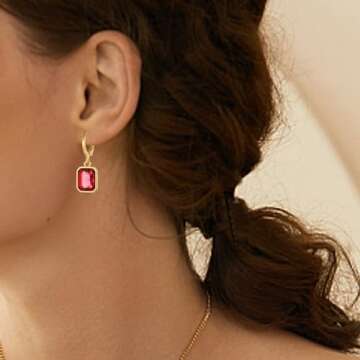 18K Gold Plated Hoop Earrings for Women Huggie Earring Lightweight Birthstone Earrings Hypoallergenic Polygonal Crystal Dangle Drop Earrings Jewelry Gifts for Women (Red Earring)