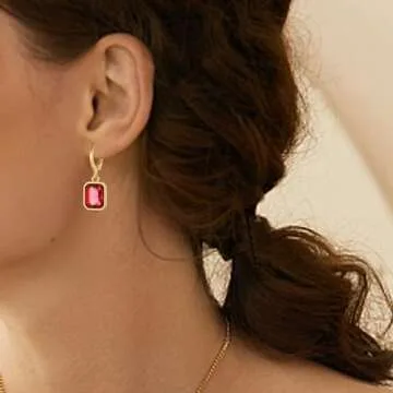 18K Gold Plated Hoop Earrings for Women Huggie Earring Lightweight Birthstone Earrings Hypoallergenic Polygonal Crystal Dangle Drop Earrings Jewelry Gifts for Women (Red Earring)