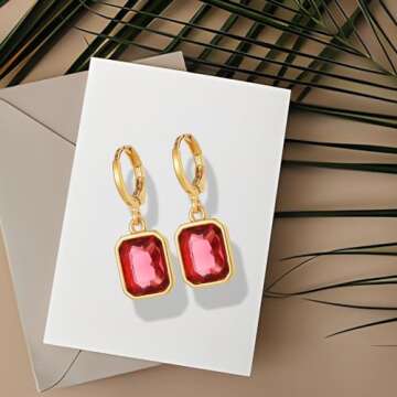 18K Gold Plated Hoop Earrings for Women Huggie Earring Lightweight Birthstone Earrings Hypoallergenic Polygonal Crystal Dangle Drop Earrings Jewelry Gifts for Women (Red Earring)