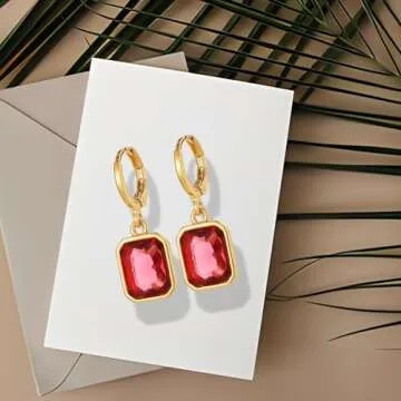 18K Gold Plated Hoop Earrings for Women Huggie Earring Lightweight Birthstone Earrings Hypoallergenic Polygonal Crystal Dangle Drop Earrings Jewelry Gifts for Women (Red Earring)