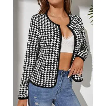 WDIRARA Women's Houndstooth Open Front Long Sleeve Plaid Work Office Elegant Jacket Black and White Tall S