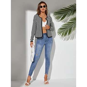 WDIRARA Women's Houndstooth Open Front Long Sleeve Plaid Work Office Elegant Jacket Black and White Tall S
