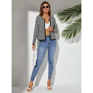 WDIRARA Women's Houndstooth Open Front Long Sleeve Plaid Work Office Elegant Jacket Black and White Tall S