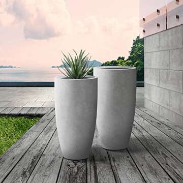 Kante 23.6" H Natural Concrete Tall Planters (Set of 2), Large Outdoor Indoor Decorative Plant Pots with Drainage Hole and Rubber Plug, Modern Style for Home and Garden