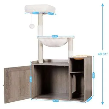 Hey-brother Cat Tree with XL Litter Box Enclosure, All-in-one Cat Tower for Indoor Cats with Large Hammock, Bed, Food Station, Scratching Posts, Modern Style Pet Furniture, Rustic Gray MPJ101SG