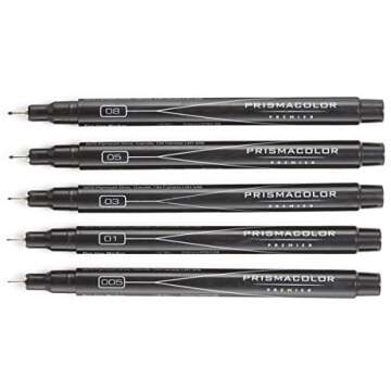 Prismacolor Premier Fine Line Illustration Markers, Assorted Fine Tips, Black, Adult Coloring, 5 Pack