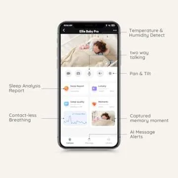 Ellie Baby Monitor,Covered Face Alert,Auto Photo Capture,Cry Soothing,2 Way Talk,Virtual Fence,2K HD,Night Vision,Temp Humidity,Breathing Detection