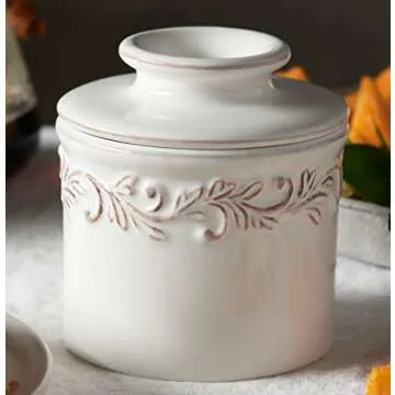 Butter Bell - The Original Butter Bell crock by L Tremain, a Countertop French Ceramic Butter Dish Keeper for Spreadable Butter, Antique Collection, White Linen