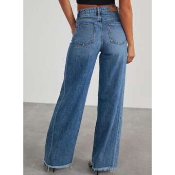 Sidefeel Women's High Waisted Wide Leg Jeans - Blue Raw Hem Denim