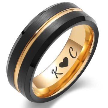 LerchPhi 8MM Mens Custom Black Tungsten Wedding Band with Gold Groove, Heartfelt Valentine’s Day G...