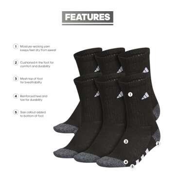 Adidas Youth Athletic Cushioned 6-Pack Crew Socks for Sports & School, Black/Onix Grey/White, Large