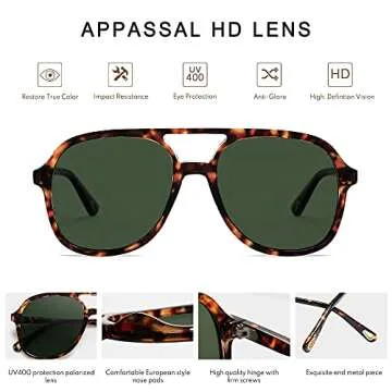 Appassal Retro Polarized Aviator Sunglasses Womens Men Vintage Double Bridge Square Sun Glasses AP3606, Tortoise Frame/Green Lens