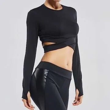 FITTOO Women's Crop Long Sleeves Workout Tops Font Criss-Crosss Sports Shirts Fitness Activewear Bla...