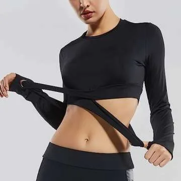 FITTOO Women's Crop Long Sleeves Workout Tops Font Criss-Crosss Sports Shirts Fitness Activewear Black M