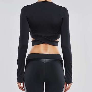 FITTOO Women's Crop Long Sleeves Workout Tops Font Criss-Crosss Sports Shirts Fitness Activewear Black M