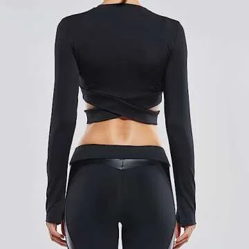 FITTOO Women's Crop Long Sleeves Workout Tops Font Criss-Crosss Sports Shirts Fitness Activewear Black M