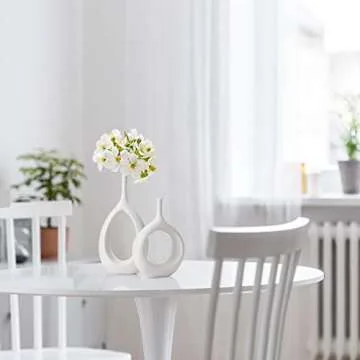 White Ceramic Hollow Vases Set of 2, Flower Vase for Decor, Modern Decorative Vase Centerpiece for Wedding Dinner Table Party Living Room Office Bedroom, Housewarming Gift