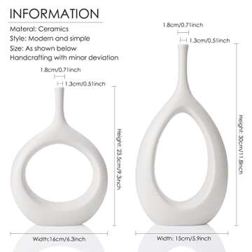 White Ceramic Hollow Vases Set of 2, Flower Vase for Decor, Modern Decorative Vase Centerpiece for Wedding Dinner Table Party Living Room Office Bedroom, Housewarming Gift